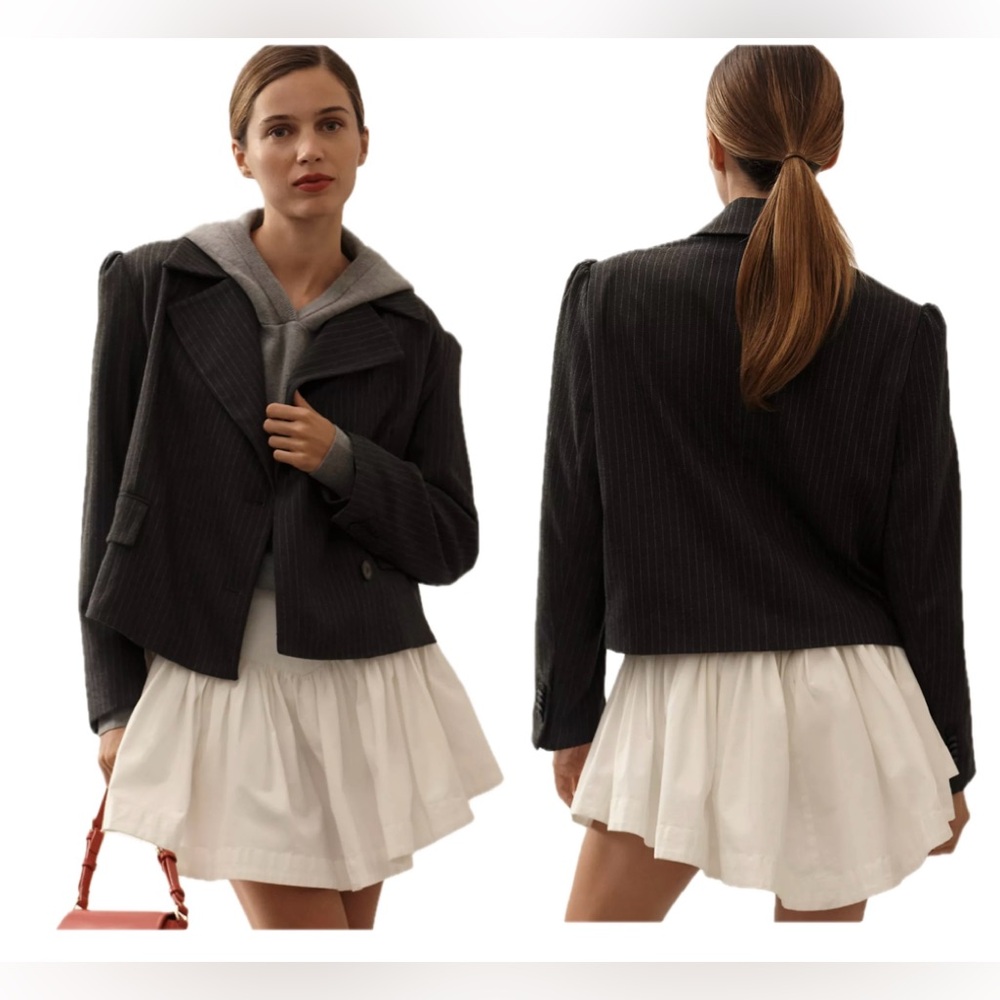 Anthropologie Maeve 80s Boxy Blazer Jacket in grey micro pinstripe Sz L NWOT